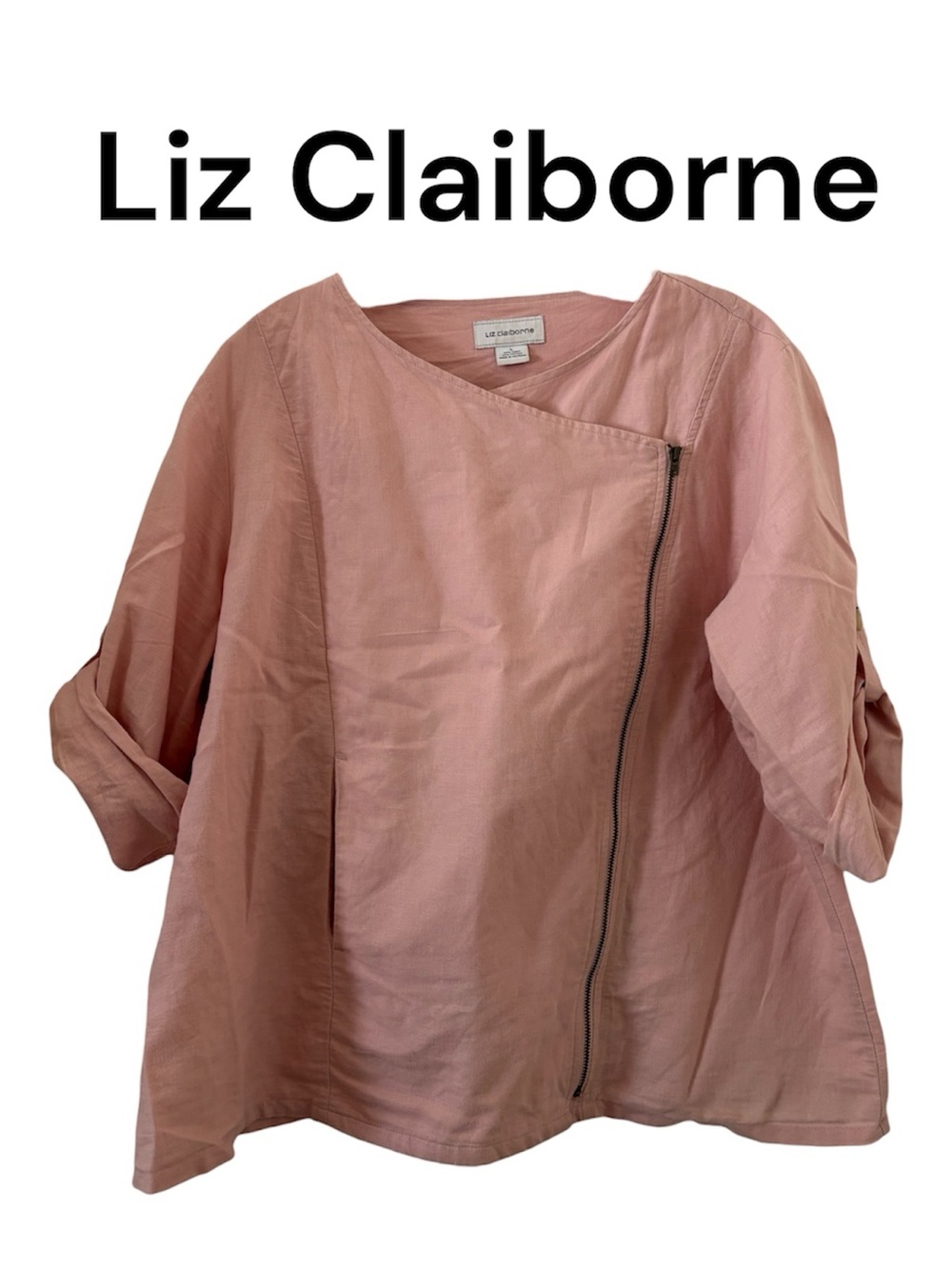 Liz Claiborne Dusty Rose Asymmetrical Zip Linen Top L